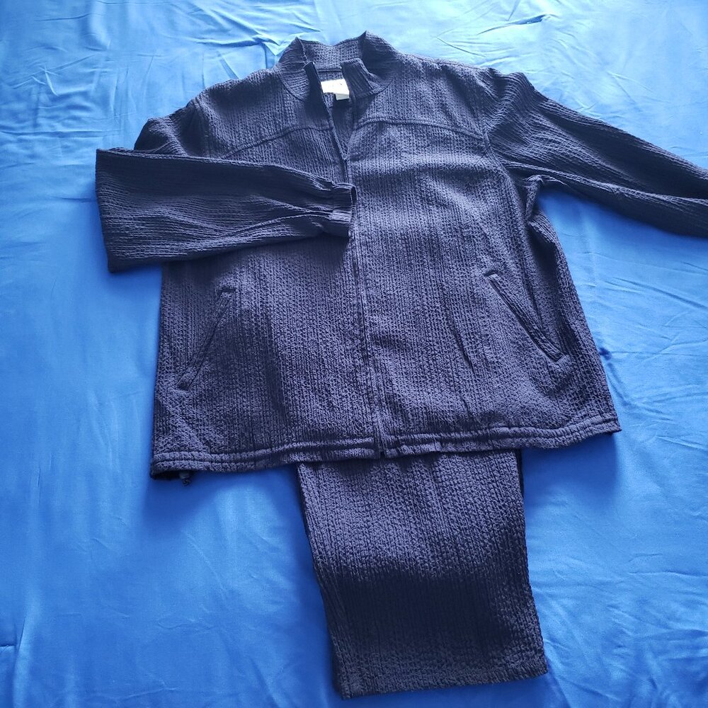 Orvis Seersucker Track Suit Womens L Jacket Wide Pants Leisure Set Dark Blue Y2K